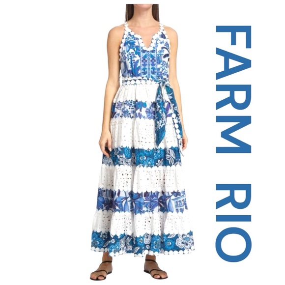 FARM RIO Floral Eyelet Mixed Blue and White Print Maxi Dress, Size S.